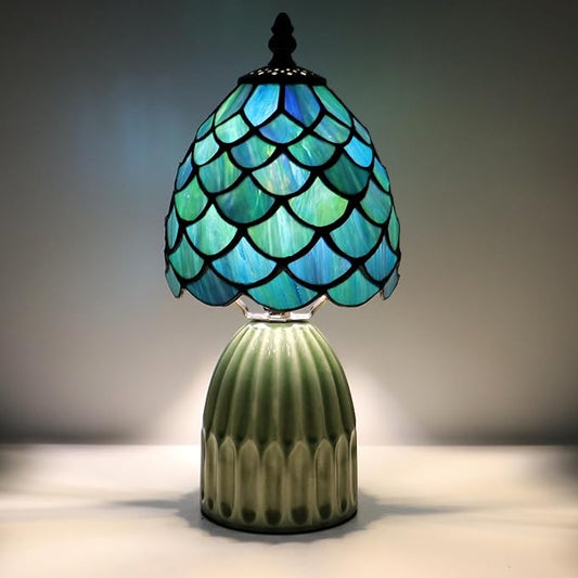 Tiffany Lamp Stained Glass Mushroom Table Lamps 6X6X12.5 Inch Sea Blue Fish Scale Style Small Night Light Ceramic Base Mini Accent Desk Light Suitable for Bedside Table Bedroom Children Room