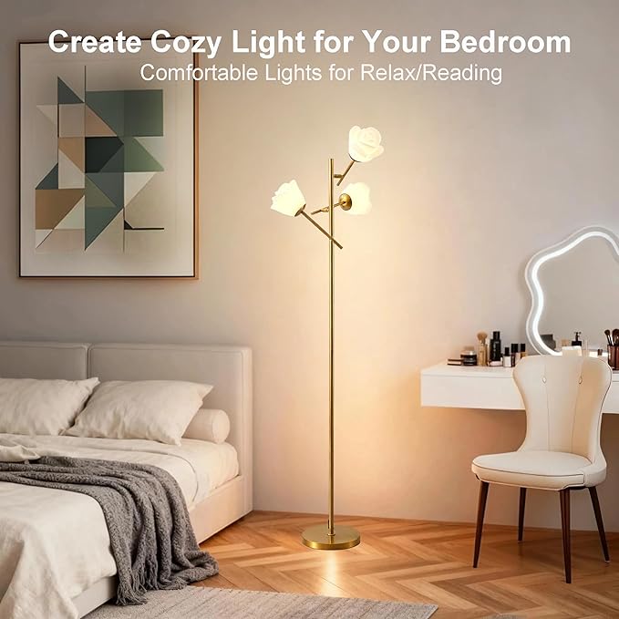 Fiqevs Gold Floor Lamp for Living Room, 3 Head Flower Tree Standing Lamp with Adjustable Lampshade, Bulbs Included, LED Sputnik Mid Century Modern Tall Reading Lamp for Bedroom, Office