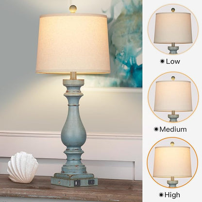 27.5" Tall Coastal Lamp,Retro-Blue Vintage Bedside Nightstand Lamps with USB Charging Ports A/C,3-Way Dimmable Touch Control Table Lamps for Bedroom Living Room,Single Blue