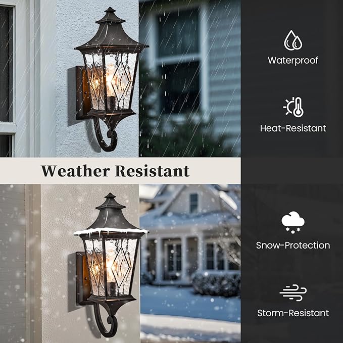 Outdoor Garage Lighting Fixtures 14.6 Inch Outdoor Wall Sconce Light Waterproof Outdoor Light Fixtures Wall Mount with Water Ripple Handmade Glass for Porch 2-Pack E26 Socket