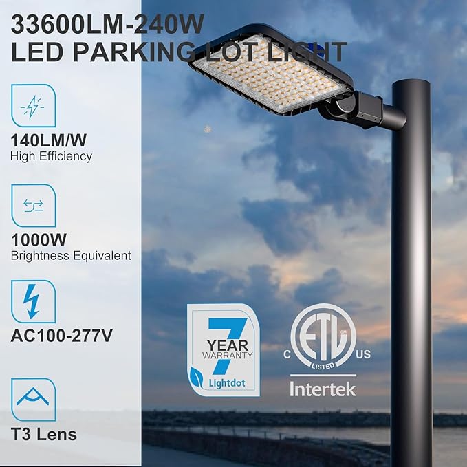 240W LED Parking Lot Lights 36000Lm (150Lm/W) LED Parking Lot Lights Commercial with Smart Photocell 5000K Pole Light Outdoor with ETL Listed 6KV SPD- 4Pack 7Yrs Warranty