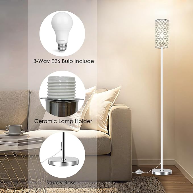Crystal Floor Lamps - Modern Silver Standing Lamp with 3 CCT LED Bulbs for Elegant Home Decor Living Room and Bedroom Lighting