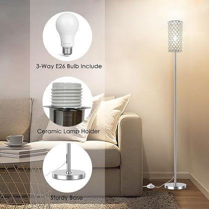Crystal Floor Lamps - Modern Silver Standing Lamp with 3 CCT LED Bulbs for Elegant Home Decor Living Room and Bedroom Lighting