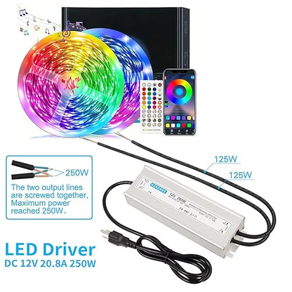 LED Driver 12V250W Waterproof Power Supply IP67 AC90-130V to DC 12V20.8A Converter Switching Power Supply Suitable for Indoor Outdoor LED Light Strip and Any 12V DC High-End Devices