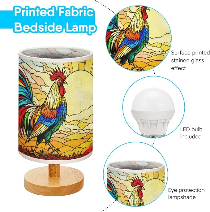 Rooster Table Lamp LED 3-Color Pressed Bedside, Rooster Shade Lamp with Wood Base for Bedroom Living Room Desk Office TL01