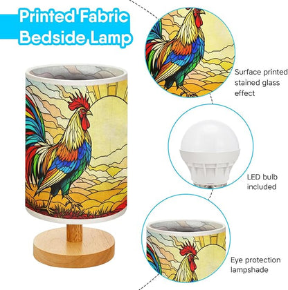 Rooster Table Lamp LED 3-Color Pressed Bedside, Rooster Shade Lamp with Wood Base for Bedroom Living Room Desk Office TL01