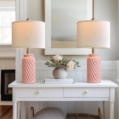 20.5" Set of 2 Bedside Table Lamps Modern Pink Honeycomb Ceramic - Linen Shade, E26 Knob Switch for Living Room, Bedroom & Nightstand