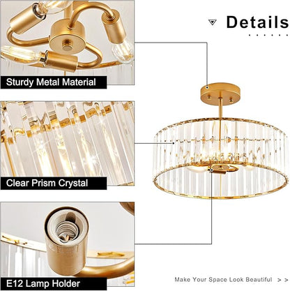 Modern Gold Semi Flush Mount Ceiling Light Crystal 3-Light Light Fixture 15.75 Inch Kitchen Ceiling Lighting for Living Room Bedroom Dining Room Bathroom Entryway (Bulb Not Included)