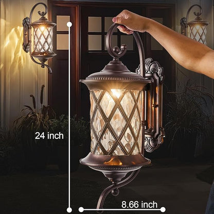 Oil Rubbed Bronze 24" Large Outdoor Coach Light Retro Exterior Waterproof Wall Lantern, Waterproof Aluminum Patio Sconce Light Brown Wall Mount Lamps with Water Glass for Garage, Front Door Garden