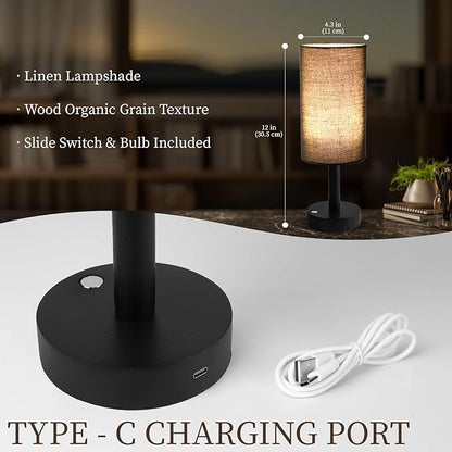 Small Table Lamp Nightstand Lamp Linen Lampshade Bedroom Wood Base Small Bedside Lamp for Night Stands, Desk Lamps for Reading Living Room, Office (LED Bulb Included) (Black and Cordless)