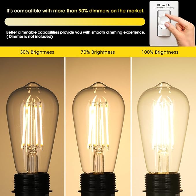 Vintage LED Edison Bulbs, 6W, Equivalent 60W, Dimmable, High Brightness Warm White 2700K, ST58 Antique LED Filament Bulbs with 90+ CRI, E26 Standard Base Light Bulbs, Clear Glass, Pack of 4