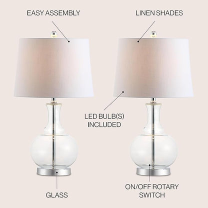 JONATHAN Y JYL1068B-SET2 25" Clear Glass Table Lamp Set of 2 for Living Room Bedroom, Contemporary Glam Bedside Nightstand Lamps with White Linen Drum Shade and Chrome Base, LED Bulbs Included