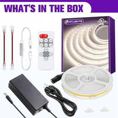 HitLights COB White LED Strip Lights Kit with Remote & 24V Power Supply, 16.4ft Dimmable Tape Light 4000K, 2560LEDs, 350+ LM/FT, UL Listed, Flexible Rope Lights for Bedroom, Kitchen, Cabinet Lighting