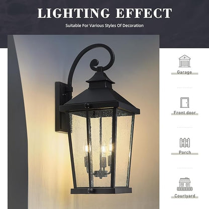 zeyu 27 Inch Outdoor Wall Lamp, 3-Light Large Outdoor Wall Lighting for House Porch, Die-Cast Aluminum in Black Finish, Seeded Glass, ZW105B-L BK