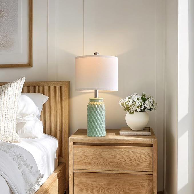 20.5" Set of 2 Bedside Table Lamps Modern Green Honeycomb Ceramic - Linen Shade, E26 Knob Switch for Living Room, Bedroom & Nightstand