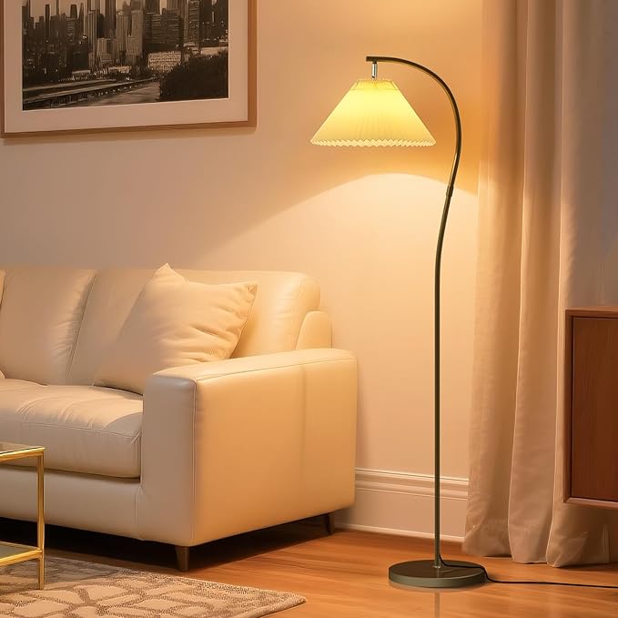 Modern Black Arc LED Floor Lamps, Bright 12W Three-Color Dimming, 14 Inch Pleated Lampshade, Living Room Corner Bedroom Bedside Office Standing Reading Lamp, Farmhouse Decoration, Warm Mood Lighting