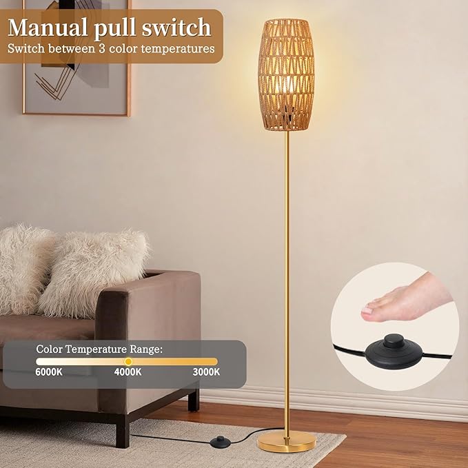 Floor Lamp for Living Room,Farmhouse Floor lamp,Modern Standing lamp with Hand-Worked Rattan Shade (Drum Rattan Shade Body Gold Color-3 Color Bulb)