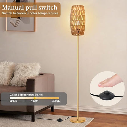 Floor Lamp for Living Room,Farmhouse Floor lamp,Modern Standing lamp with Hand-Worked Rattan Shade (Drum Rattan Shade Body Gold Color-3 Color Bulb)