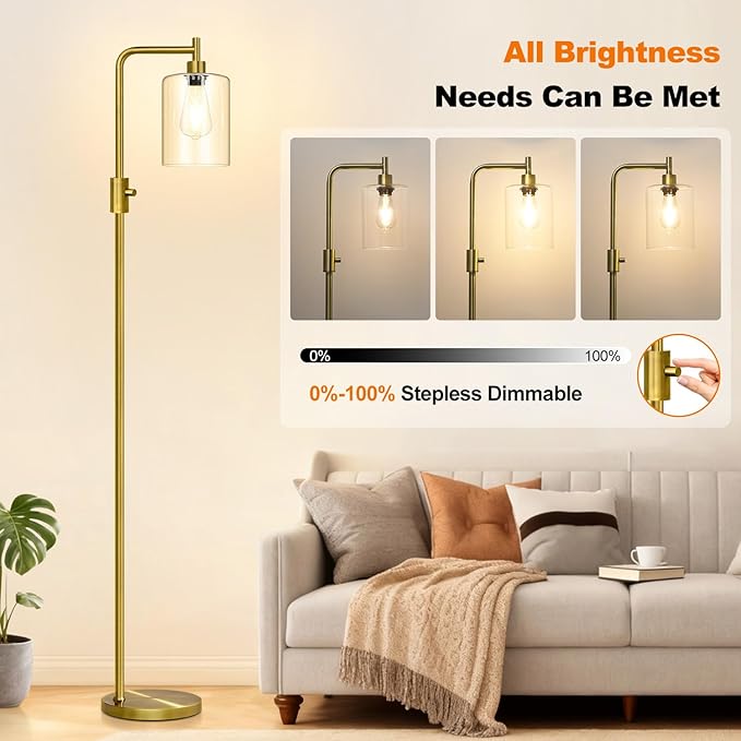【Upgraded】Dimmable Floor Lamp for Living Room with Clear Glass Lampshade, Brass Modern Floor Lamp with 900LM Edison Bulb Included, Bright Standing Tall Lamp for Bedroom, Office, Reading Room, Corner