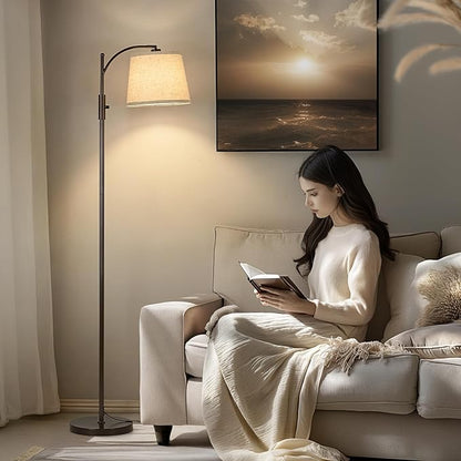 AIDENOEY Fully Dimmable Floor Lamp for Living Room，Standing Lamp Rotary Switch with Linen Beige Shade，Brown Tall Lamps for Bedroom with Adjust Head，9W LED Bulb Included