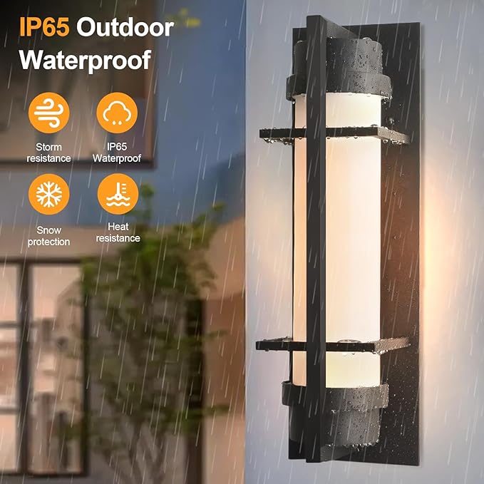 ALVIME Modern Large Outdoor Sconces, 20" H Matte Black Exterior Lighting Fixtures, Waterproof Outdoor Wall Light, Outside Sconce Lights for House, Entryway, Garage, E26 Base&Etched Opal Glass
