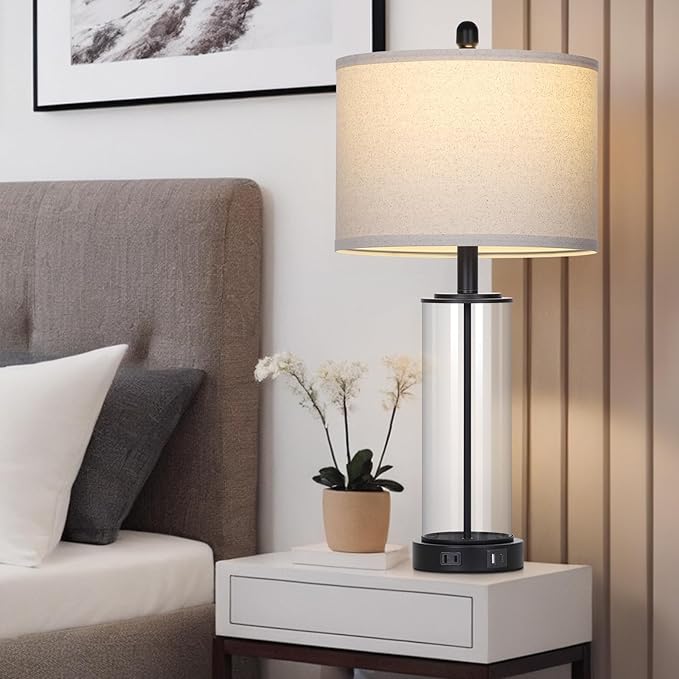 26" Black Glass Table Lamps Set of 2, 3-Way Dimmable Touch Control Living Room Lamp with USB C+A Ports & AC Outlet, Modern Bedside Lamps, Elegant Bedroom Lamps for Nightstand Side End Table Desk
