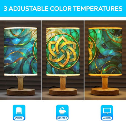 Celtic Knot Table Lamp LED 3-Color Pressed Bedside, Celtic Knot Shade Lamp with Wood Base for Bedroom Living Room Desk Office TL01