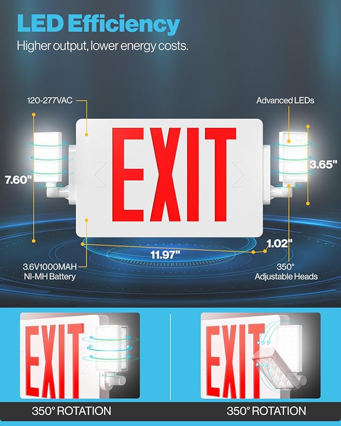 Sunco 12 Pack Exit Signs With Emergency Lights, Two Adjustable LED Lights With Backup Battery, Red, 94V-0 Fire Resistant, 120-277V, Wall Or Ceiling Mount, Commercial Grade UL.