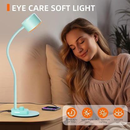 Desk Lamp, Fully Dimmable Bedside Reading Lamp with USB C + A Charging Ports, 5 Colors, Simple to Operate, Eye Care Metal Table Lamp Efficient Desk Lamps for Home Office College Dorm Room
