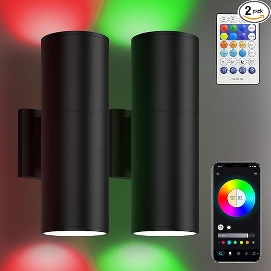 Smart Up & Down Outdoor Wall Lights, RGBCW Color Changing LED Sconce with Bluetooth App & RF Remote Control, 2700K-6500K Tunable White, Dimmable Exterior Porch Lights for House Patio Garage