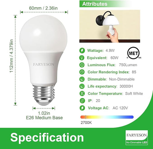 Ultra Efficient Light Bulbs 60 Watt Soft White, A19 LED E26 Frosted Bulb 2700K 750 Lumens, 30000 Hrs Lifetime, Energy-Efficient 4.9W=60W, Low Heat, Flicker-Free, Non-Dimmable, 6 Pack