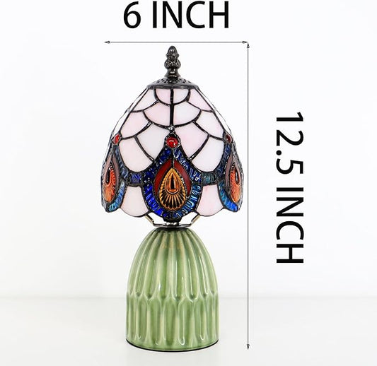 Tiffany Lamp Stained Glass Mushroom Table Lamps 6X6X12.5 Inch Pink Peacock Tail Style Small Night Light Ceramic Base Mini Accent Desk Light Suitable for Bedside Table Bedroom Children Room