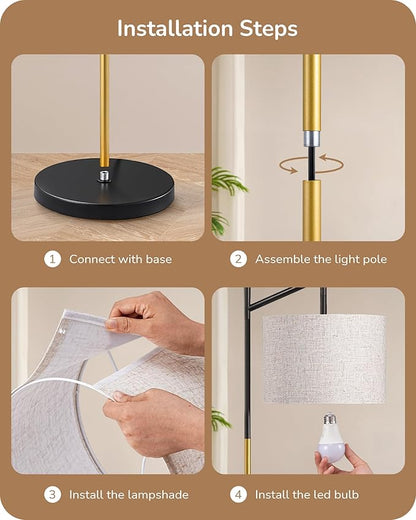 EDISHINE Modern Floor Lamps for Living Room, 64.7" Minimalist Standing Lamp with 3 Color Temperatures Bulb & Adjustable Linen Shade, Foot Pedal Switch, Arc Tall Lamp for Bedroom Office, Black Gold