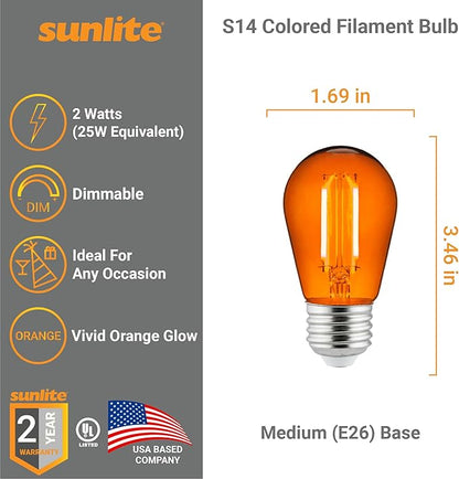 Sunlite LED S14 String Light Bulb, 2 Watts (25W Equivalent), Medium E26 Base, Party Decoration, Holiday Lighting, Transparent, Dimmable, UL Listed, Orange, 6 Count