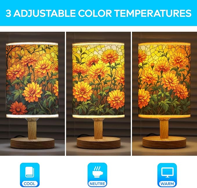 Marigold Table Lamp LED 3-Color Pressed Bedside, Marigold Shade Lamp with Wood Base for Bedroom Living Room Desk Office