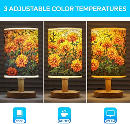 Marigold Table Lamp LED 3-Color Pressed Bedside, Marigold Shade Lamp with Wood Base for Bedroom Living Room Desk Office