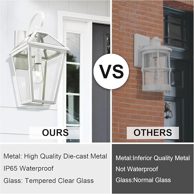 Outdoor Light Fixtures Wall Mount, Waterproof Exterior Wall Lanterns with Glass, Outside Wall Sconces, Front Porch Lights for House Garage Doorway Patio (White, Clear Glass)