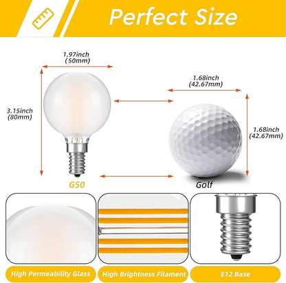 G16.5 LED Light Bulb 40W Equal 4W Type G Bulb,Dimmable Frosted E12 Globe Bulb,Round Candelabra Light Bulbs for Chandelier,Bathroom Vanity,Pendant,Warm White 2700K 400LM,Pack of 2