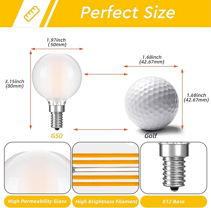 G16.5 LED Light Bulb 40w Equal 4W Type G Bulb,Dimmable Frosted E12 Globe Bulb,Round Candelabra Light Bulbs for Chandelier,Bathroom Vanity,Pendant,Warm White 2700K 400LM,Pack of 6