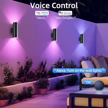 SHIMR Color Changing Outdoor Lights 2 Pack, RGB 2700K-6500K Smart Porch Lights with Remote, Cylinder Exterior Lighting Fixtures Aluminum Anti-Rust, Up and Down Lighting for House [ETL Listed]