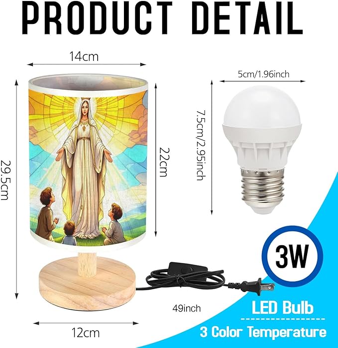 Our Lady of Fatima Apparition Table Lamp LED 3-Color Pressed Bedside, Our Lady of Fatima Apparition Shade Lamp with Wood Base for Bedroom Living Room Desk Office TL01