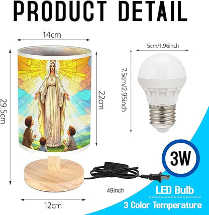 Our Lady of Fatima Apparition Table Lamp LED 3-Color Pressed Bedside, Our Lady of Fatima Apparition Shade Lamp with Wood Base for Bedroom Living Room Desk Office TL01