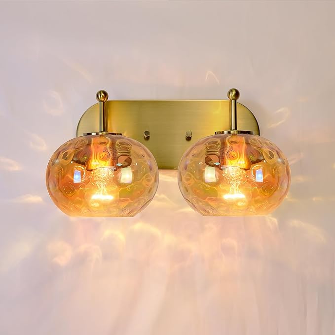 7" Glass Shade Replacement for E26 Pendant Lights, Champagne Hammered Globe Lampshade for Wall Sconce, Dia 7", Height 5", Fitter 1.65" (Amber - 1 pc)