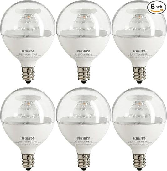 Sunlite G16.5 Light Bulb LED, 5 Watts (40W Equiv.), 350 Lumens, Dimmable, Type G Globe Shape E12 Candelabra Base, Short Bulbs, Vanity Mirror Bulbs, 3000K Warm White, Clear, 6 Count