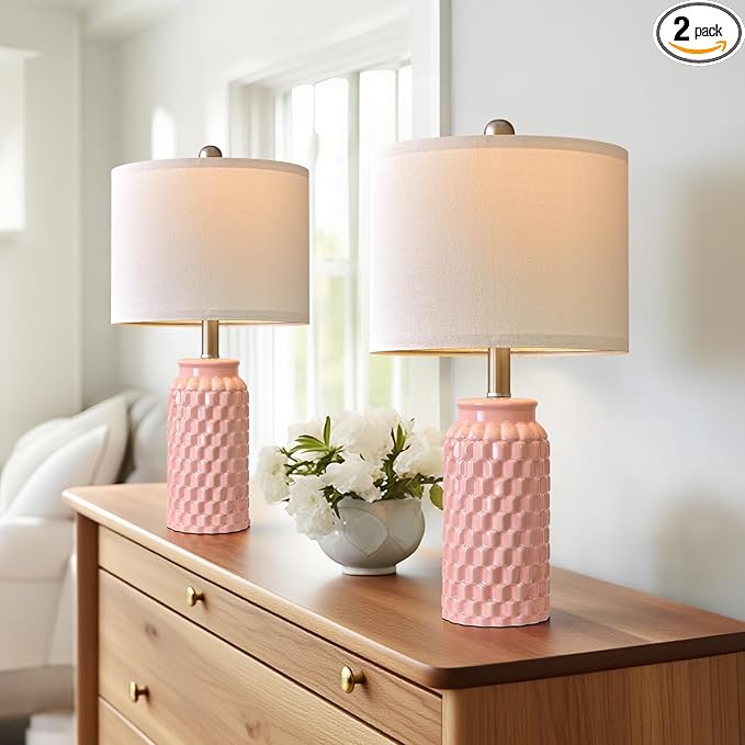 20.5" Set of 2 Bedside Table Lamps Modern Pink Honeycomb Ceramic - Linen Shade, E26 Knob Switch for Living Room, Bedroom & Nightstand