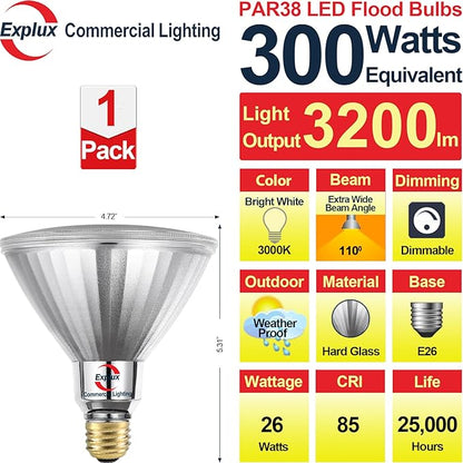 Explux 300 Watt Equivalent PAR38 LED Flood Light Bulbs, Ultra Bright 3200 Lumens, Dimmable, Full-Glass Outdoor Waterproof & Anti-Ageing, 3000K Bright White Spotlight, 1-Pack
