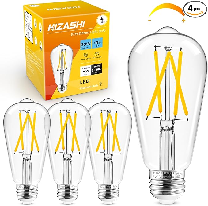Hizashi LED Edison Bulbs, 6W, Equivalent 60W, Dimmable E26 LED Bulb, 3000K Soft White, 95+ CRI 700 Lumens, ST19 Vintage Light Bulbs, Clear Glass, Pack of 4