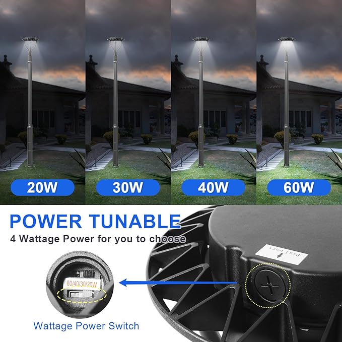 LED Post Top Light with Dusk to Dawn Photocell, 20W-30W-40W-60W Power Tunable, 3000K/4000K/5000K CCT Tunable, Outdoor Post Pole Lights for Garden Pathway Street Lighting, IP65 DLC ETL Listed