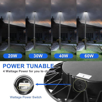 LED Post Top Light with Dusk to Dawn Photocell, 20W/30W/40W/60W Power Tunable, 3CCT 3000K/4000K/5000K Outdoor Post Pole Lights, IP65 LED Circular Area Light for Garden Yard Street, ETL DLC Listed
