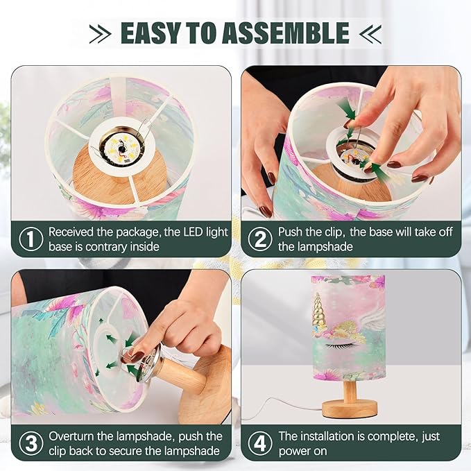 Bedside Lamp Unicorn Table Lamp for Bedroom LED Nightstand Lamp Shade USB Ports Wood Base for Living Room Dorm Office